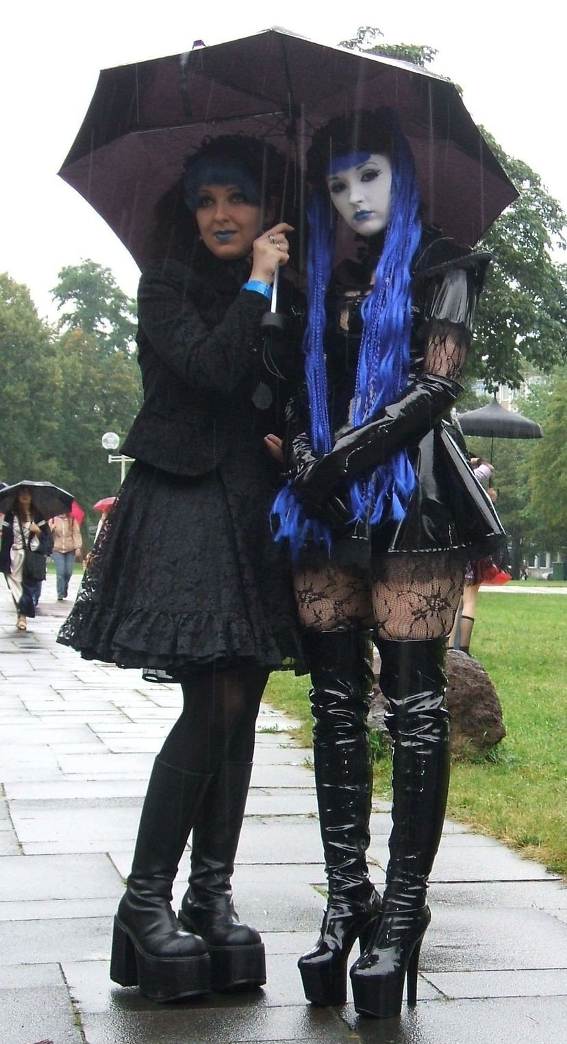 Two Gothic Girls wearing Black Opaque and Black Sheer Lace Pantyhose and Black Dresses